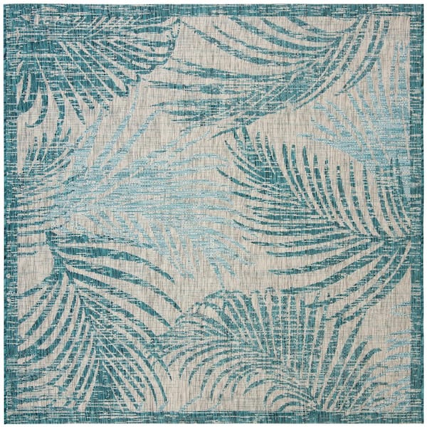 Courtyard Gray/Aqua 7 ft. x 7 ft. Square Geometric Indoor/Outdoor Patio  Area Rug