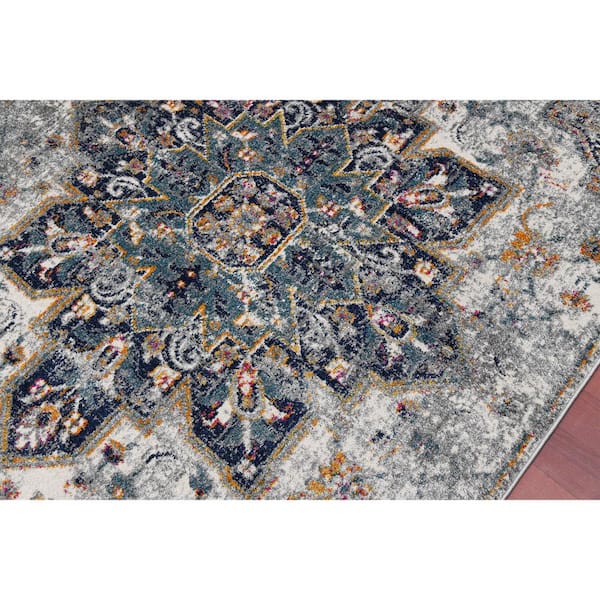 Montana 5 x 8 Gray/Blue Medallion Pattern Area Rug for High Traffic Living Room Dining Room Bedroom