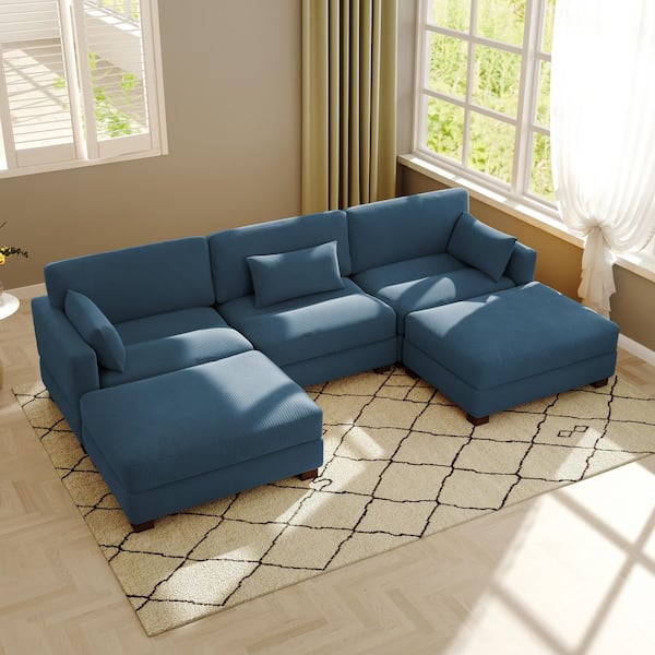123 in. Square Arm 5-Piece Corduroy Upholstered U-Shaped Sectional Sofa in Navy Blue