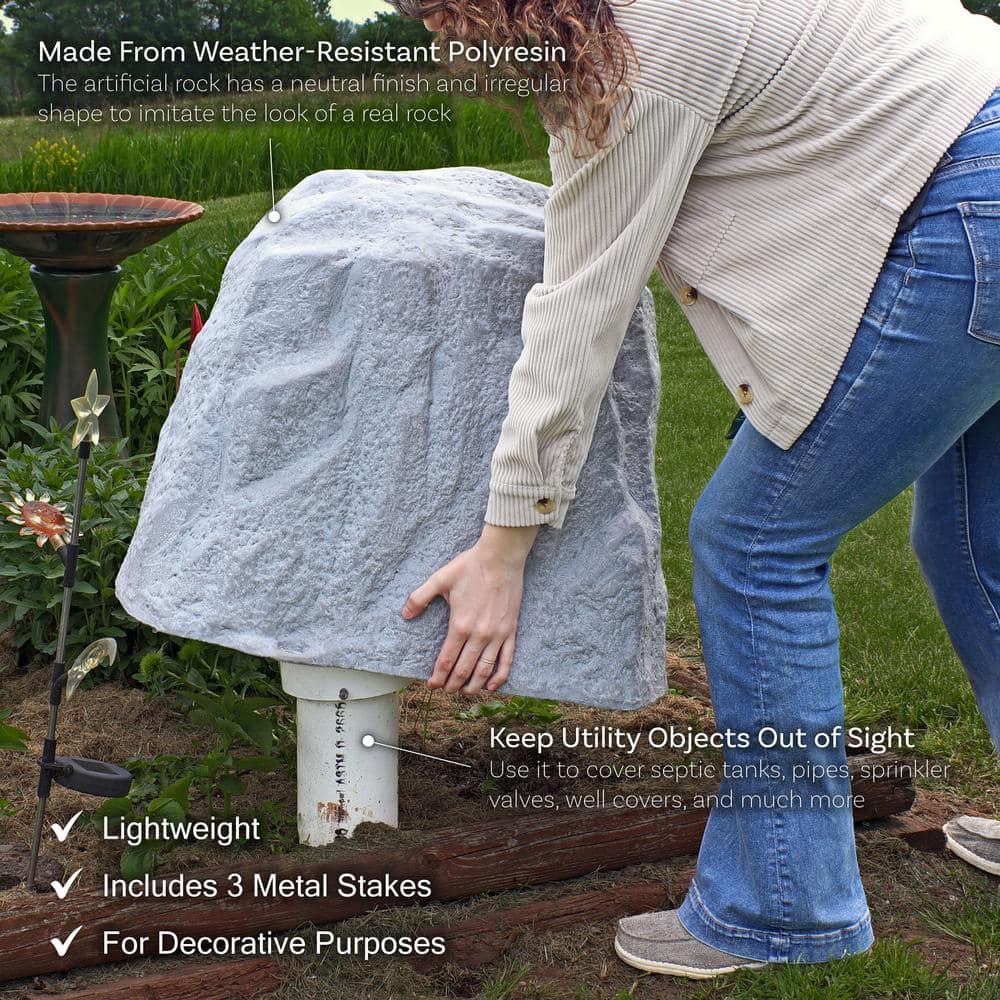 Gray Polyresin Faux Landscape Rock Cover with Metal Stakes