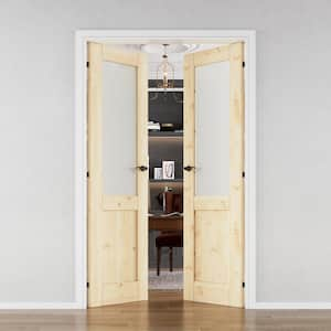 48 in. x 80 in. Universal 1/2-Lite Frosted Glass Solid Core Unfinished Pine Wood Double Prehung French Door with Jamb