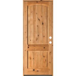 30 in. x 96 in. Rustic Knotty Alder Arch Top V-Grooved Clear Stain Left-Hand Inswing Wood Single Prehung Front Door
