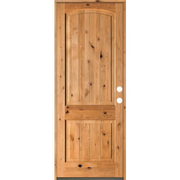 Krosswood Doors 32 in. x 96 in. Rustic Knotty Alder Arch Top V-Grooved Clear Stain Left-Hand Inswing Wood Single Prehung Front Door