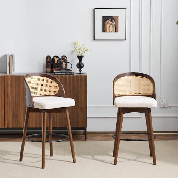 Hemingway 26 in. Beige Fabric Upholstered Solid Wood Frame Low Back Swivel Bar Stools, Walnut Finish, (Set of 2)