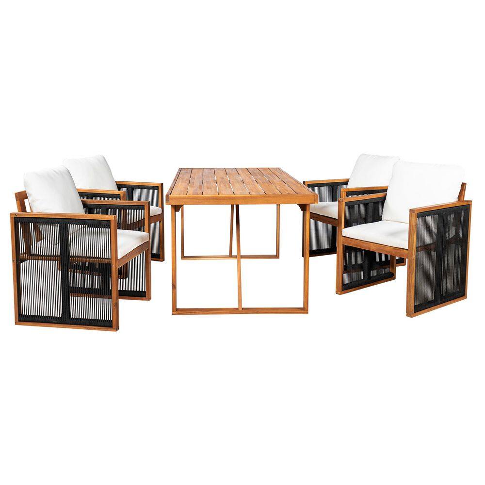 Lapis Black 5-Piece Solid Wood Outdoor Dining Set with Handwoven Cord and Cream Cushion