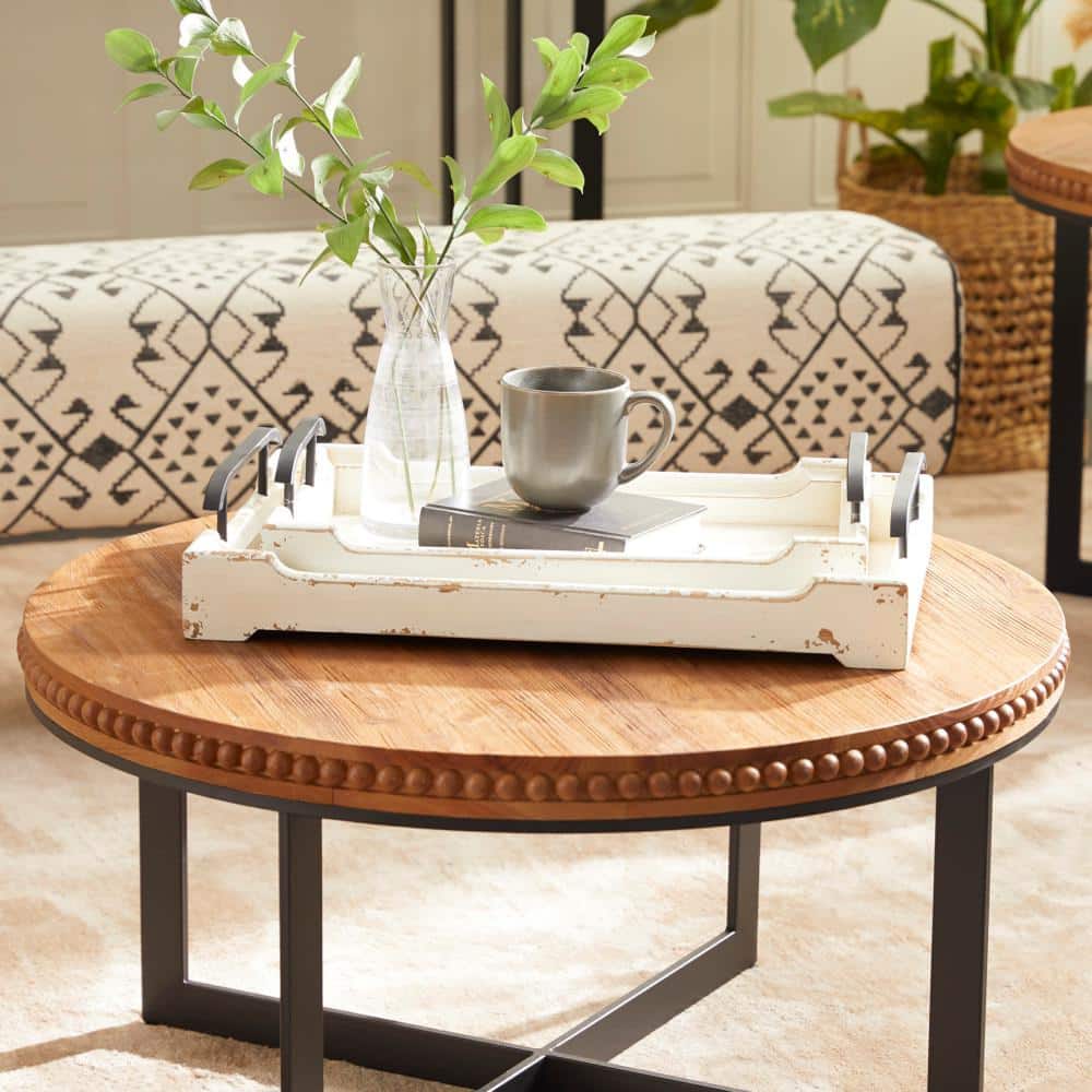 White Distressed Pine Wood Decorative Trays with Metal Handles, Set of 2