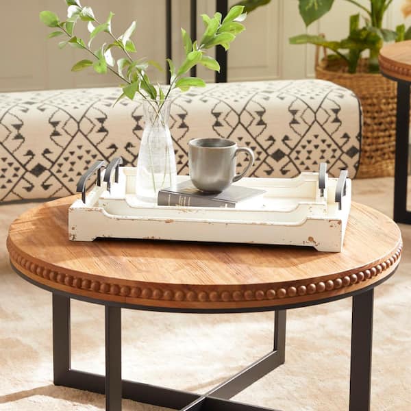 White Wood Decorative Tray with Metal Handles (Set of 2)