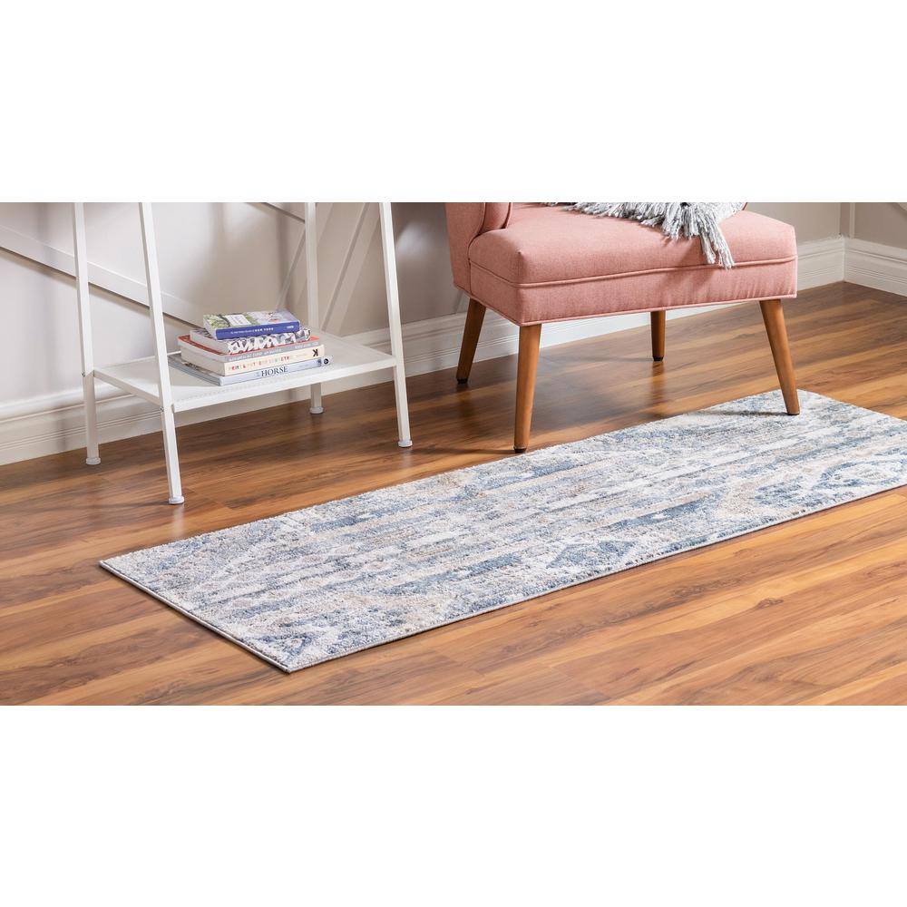 Navy Blue Geometric Indoor Runner Rug with Easy Care and Stain Resistance