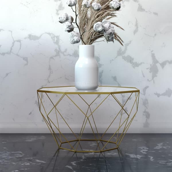 Malibu 22 in. Octagon Coffee Table Modern Tempered Glass Tabletop Geometric Metal Frame Accent Table in Gold