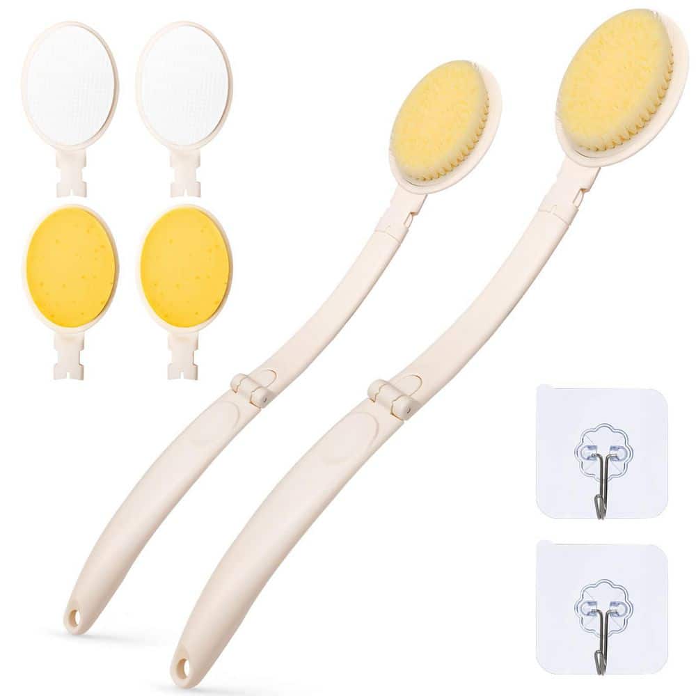 2-Piece Bath Accessory Set with Foldable Long Handle Brush, Sponge and Lotion Applicator in White
