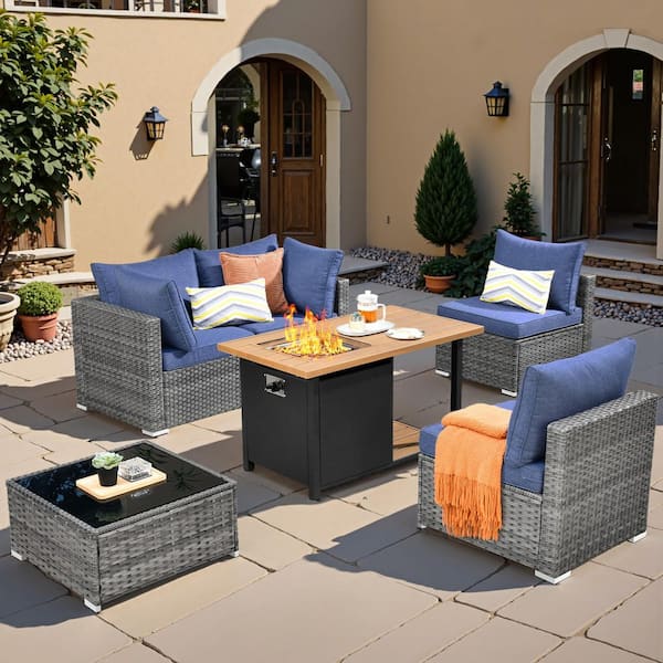 Sanibel Gray 6-Piece Wicker Outdoor Patio Conversation Sofa Set with a Storage Fire Pit and Denim Blue Cushions