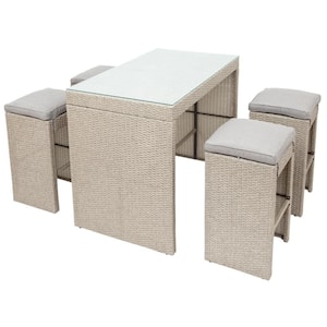 5-Piece Wicker Patio Furniture Set, Outdoor Dining Table Set with 4-Stools, Beige Cushion +Beige Wicker