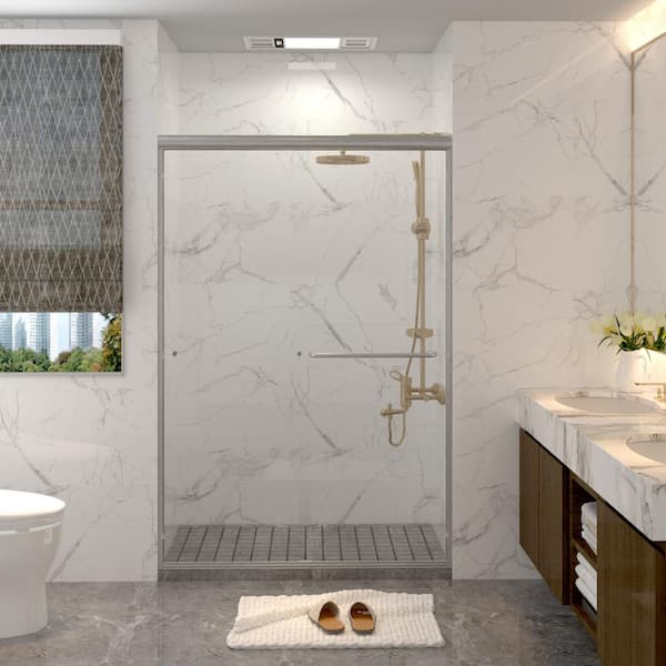 LTMATE 48 in. W x 72 in. H Double Sliding Framed Shower Door in Brushed Nickel with Transparent Glass