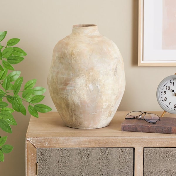 Beige Antique Round 14 in. Wide Ceramic Decorative Vase with Shades of Pink