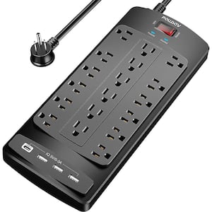 18-Outlet 6 ft. Surge Protector Power Strip, Heavy-Duty Flat Plug Extension Cord with 4 USB Ports, 2100 Joules, Black