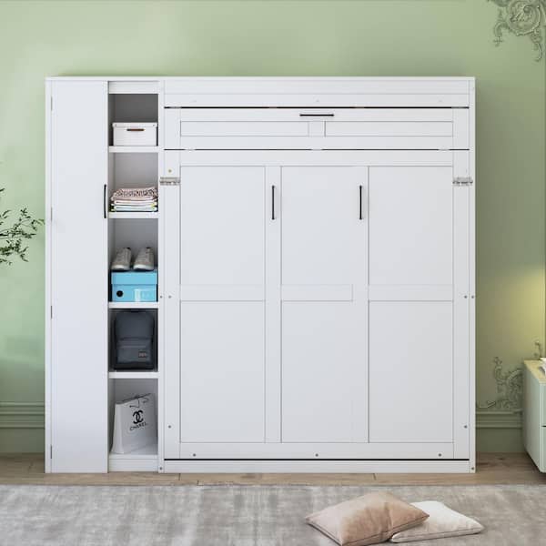 White Wood Frame Queen Size Murphy Bed with Shelves, Wardrobe and LED Lights
