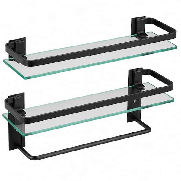 2-Tier 15.7 in. W 5.85 in. H x 4.88 in. D Glass Rectangular Shelf in Black with Towel Bar, Rustproof Bathroom Organizer