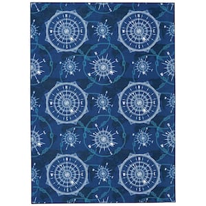Washable Nautical Blue/Ivory 3 ft. x 5 ft. Abstract Rectangle Area Rug