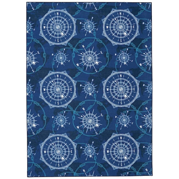 Linon Home Decor Washable Nautical Blue/Ivory 3 ft. x 5 ft. Abstract Rectangle Area Rug