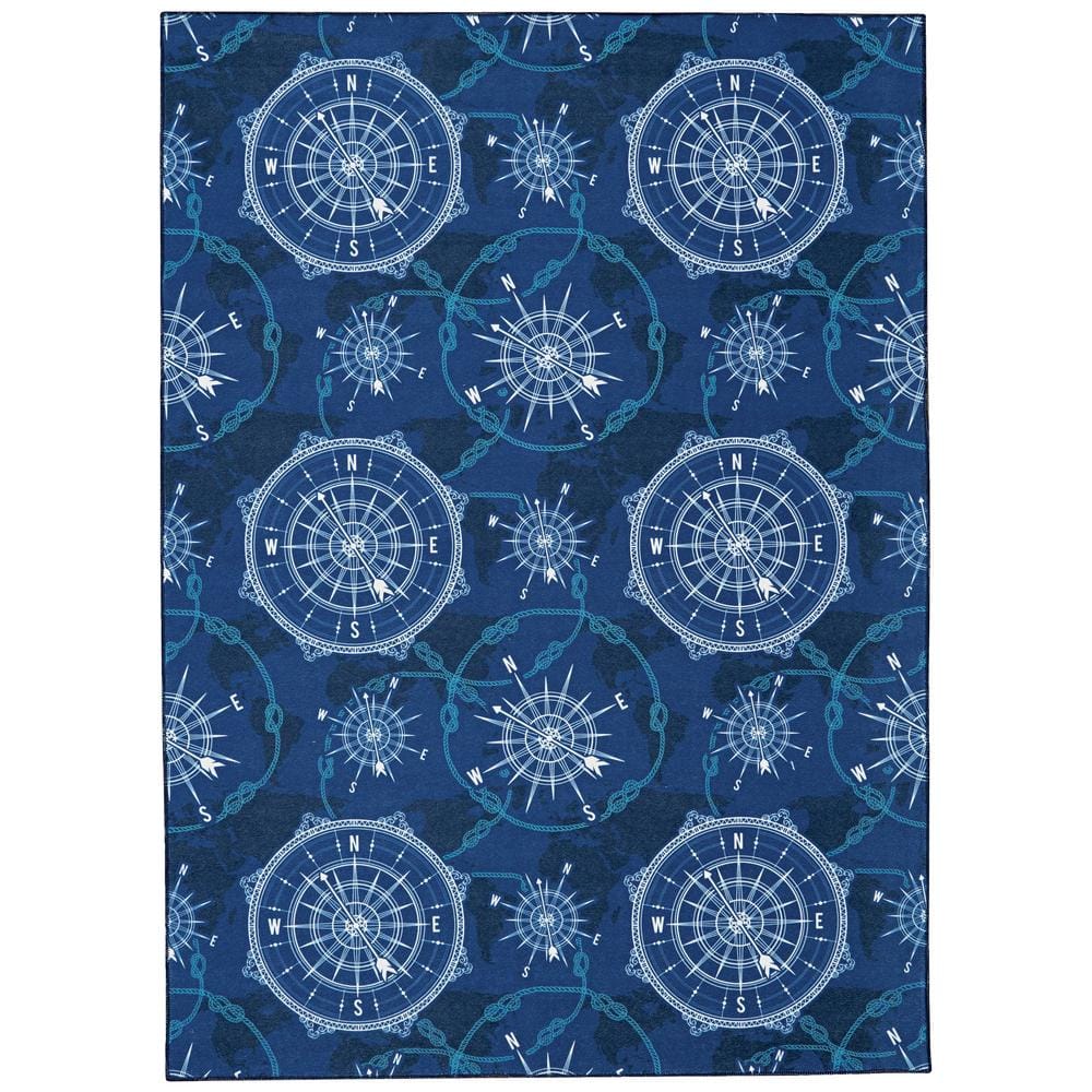 Washable Nautical Blue/Ivory 5 ft. x 7 ft. Rectangle Abstract Area Rug