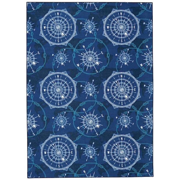 Linon Home Decor Washable Nautical Blue/Ivory 5 ft. x 7 ft. Rectangle Abstract Area Rug
