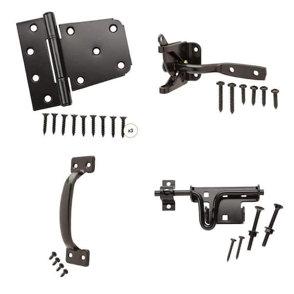 3-1/2 in. Black Tee Hinge (3-Count), Black Gate Latch, 5-3/4 in. Black Door Pull and Black Slide Bolt Combo