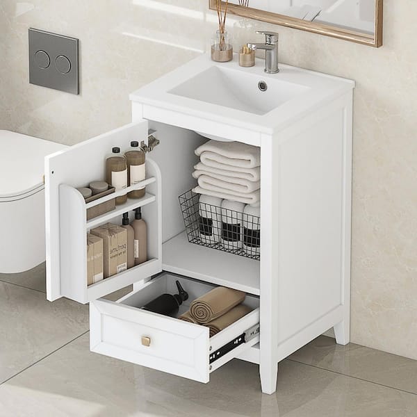 Magic Home 20 in. W Freestanding Bathroom Vanity with White Ceramic Top with Soft Closing Door, Storage Rack and a Drawer