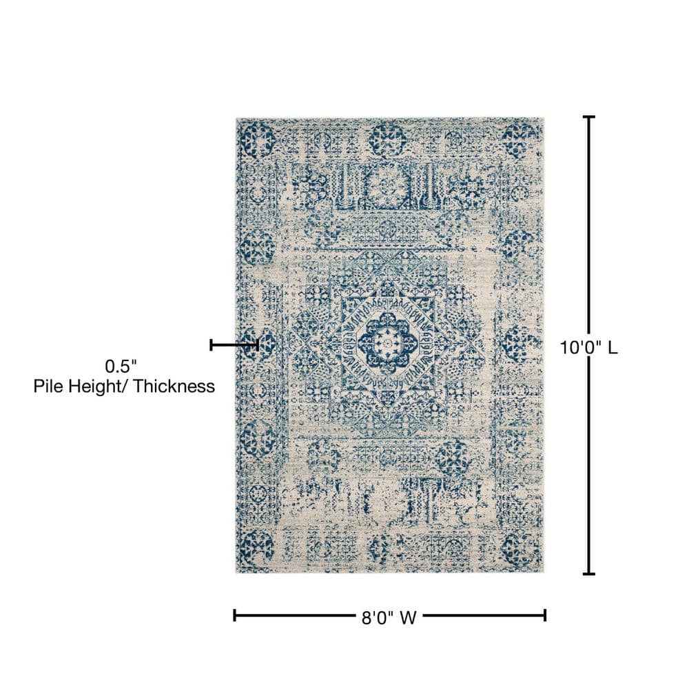Ivory and Blue High Pile Synthetic Reversible Area Rug