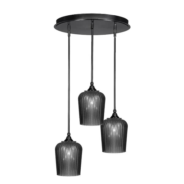 Unbranded Villa 3 Light Matte Black Pendant, Cluster Pendant Light with 9 in. Smoke Textured Glass Shades, No bulb Included