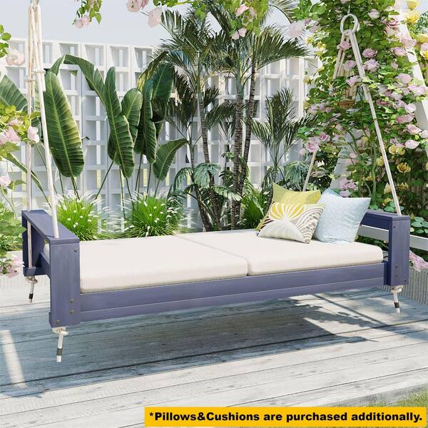 Gray 86 in. 2-Person Wood Porch Swing, Modern Twin Size Patio