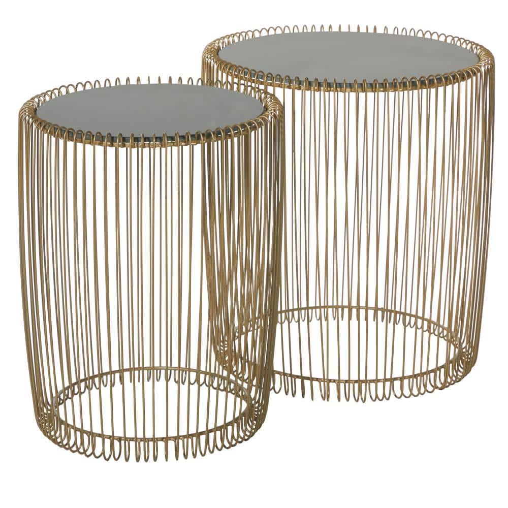 Elegant Gold Metal and Black Glass Round Accent Table Set