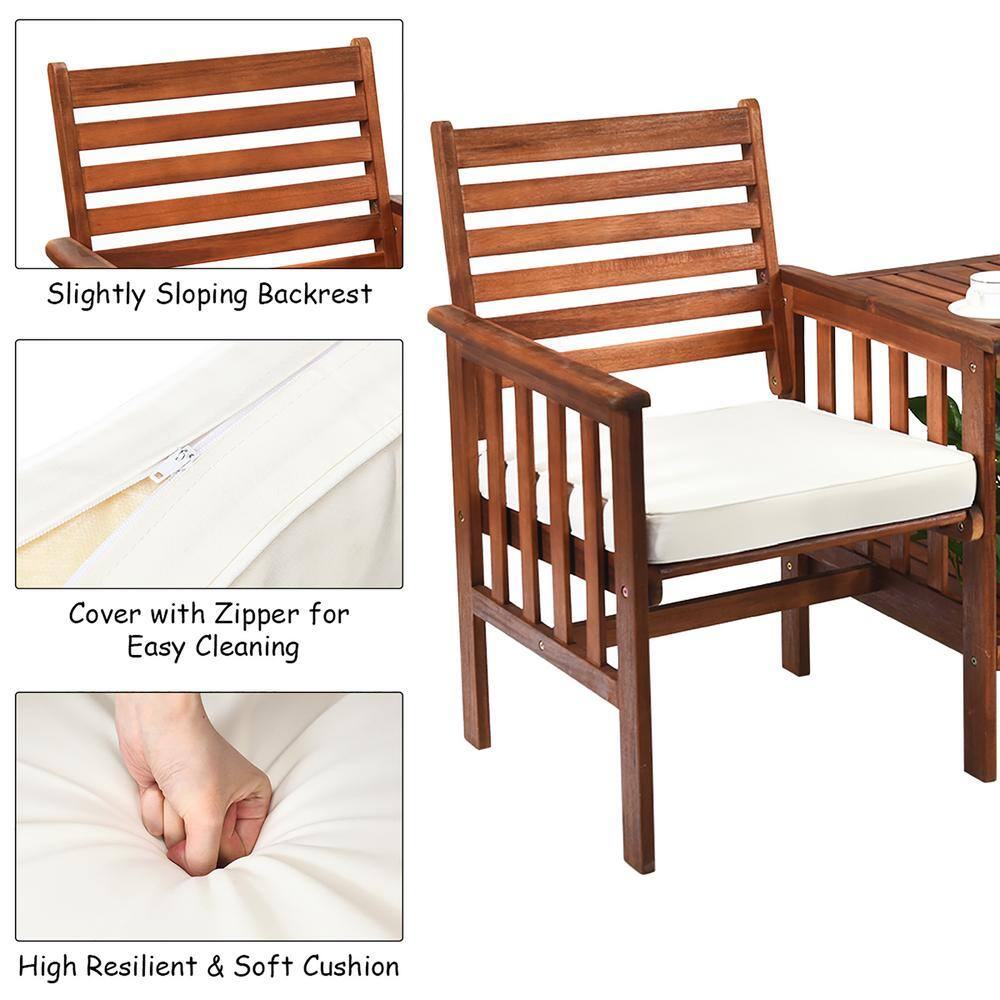 Acacia Wood 2-Person Patio Loveseat Set with Off-White Cushions