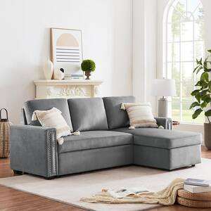 83 in. W 2-Piece Velvet Reversible L-Shape 3-Seat Sectional Couch with Storage Chaise in Gray