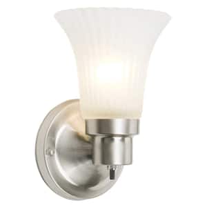Village 1-Light Indoor Dimmable Wall Sconce with Frosted Flute Glass and Twist On/Off Switch, Satin Nickel
