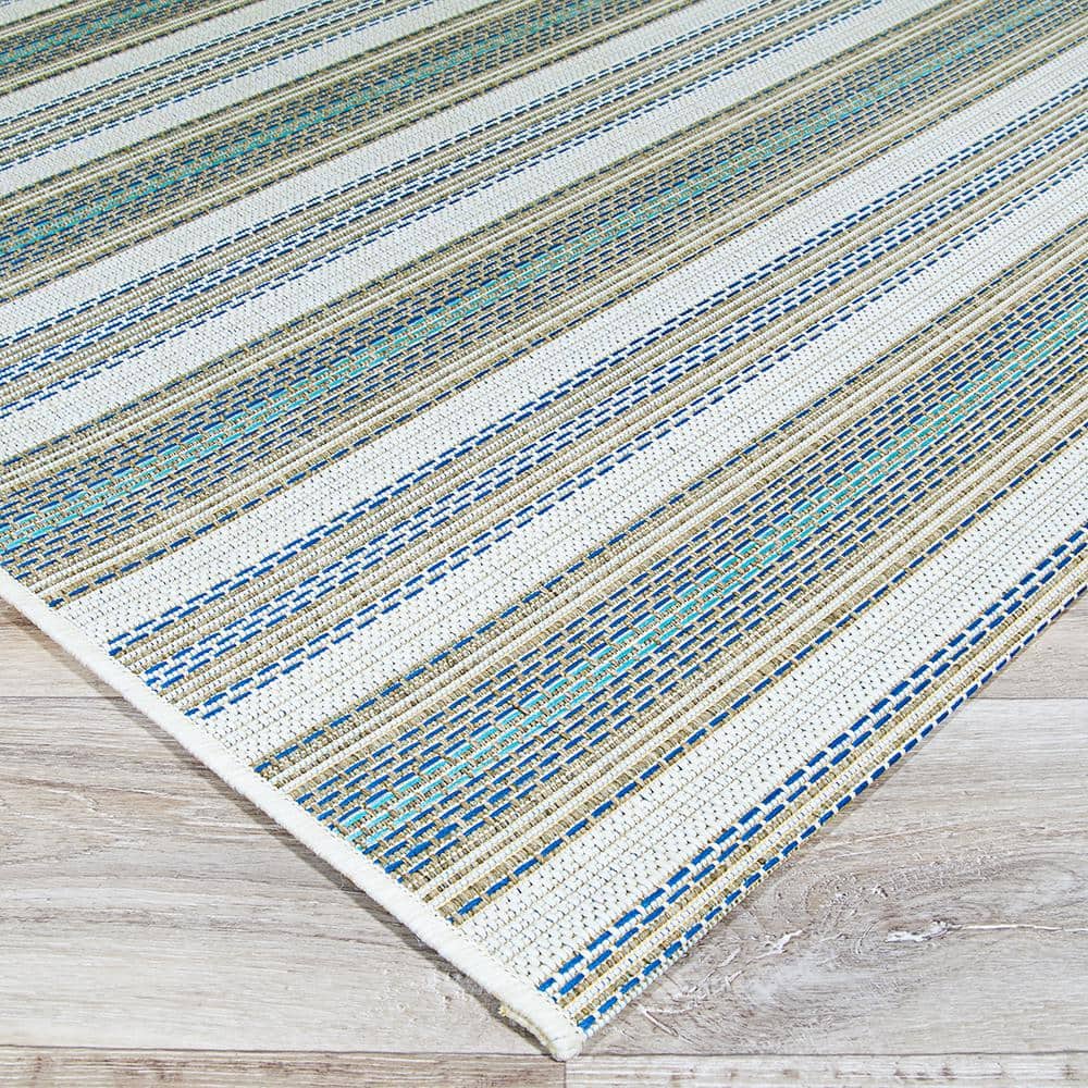 Monaco Ivory-Sand-Azure 5' x 7' Stripe Indoor/Outdoor Area Rug