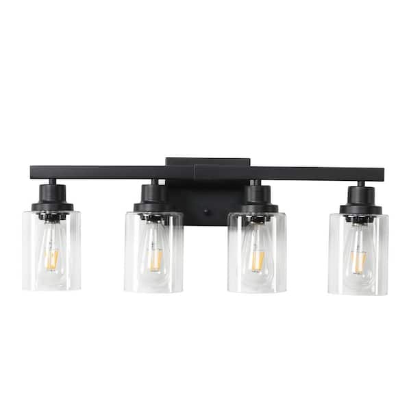4-Light Black Vanity Light with Cylindrical Clear Glass Shades and Iron Frame, E26 Bulbs Not Included