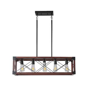 Retro 5-Light Mahogany&Black Rectangular Chandelier for Kitchen Island Living Room with No Bulbs Included