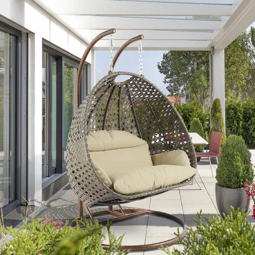 Taupe Wicker Hanging Egg Chair with Beige Cushions