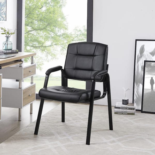 Black Office Guest Chair Set of 8 Leather Executive Waiting Room Chairs Lobby Reception Chairs with Padded Arm Rest