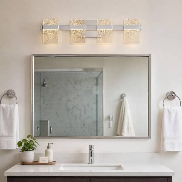 27.6 in. 4-Light Chrome LED Vanity Light with Clear Seedy Acrylic Shade