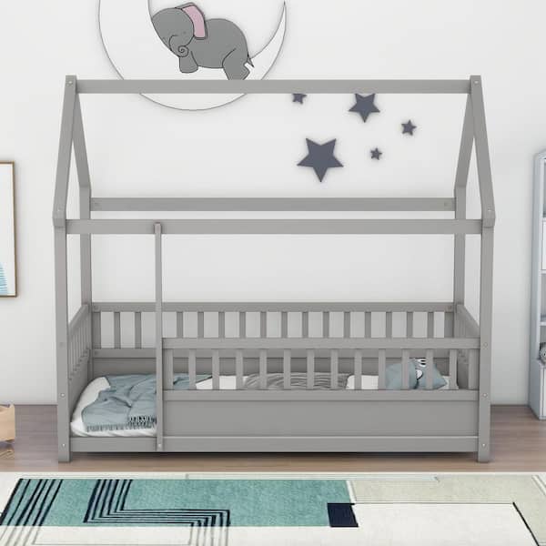Grey Twin Size Wooden Floor Bed Frame with House Roof