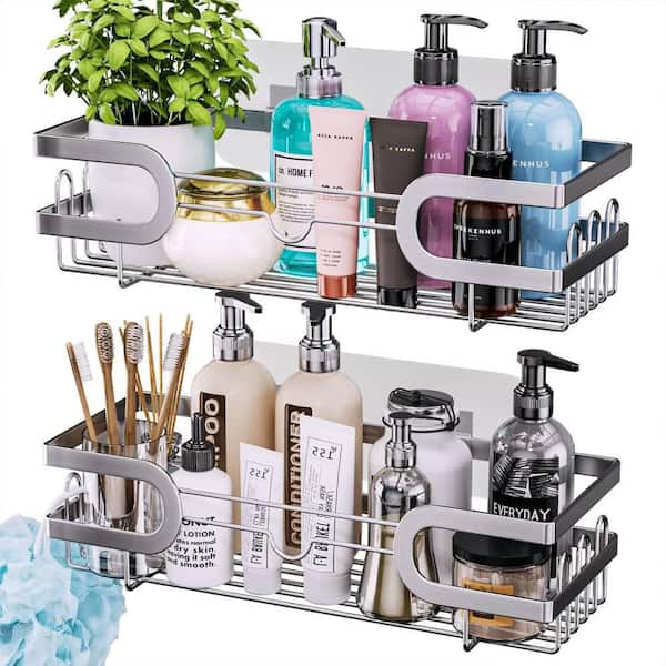 Wall Mount Adhesive Corner Shower Caddy with Soap Holder and 12 Hooks in  Brushed Silver (3 Pack)