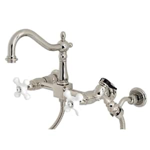 Heritage 2-Handle Wall Mount Kitchen Faucets with Brass Sprayer in Polished Nickel