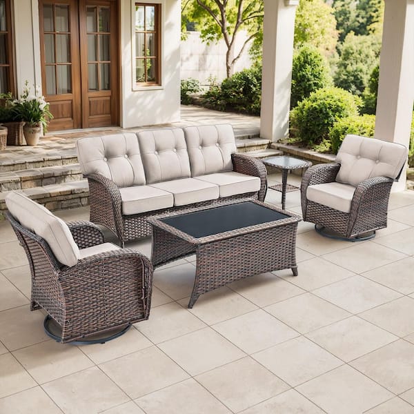 Modern Seaside 5-Piece Patio Wicker Outdoor Conversation Set Rocking Chair Swivel Glide with Table and Blue Cushions