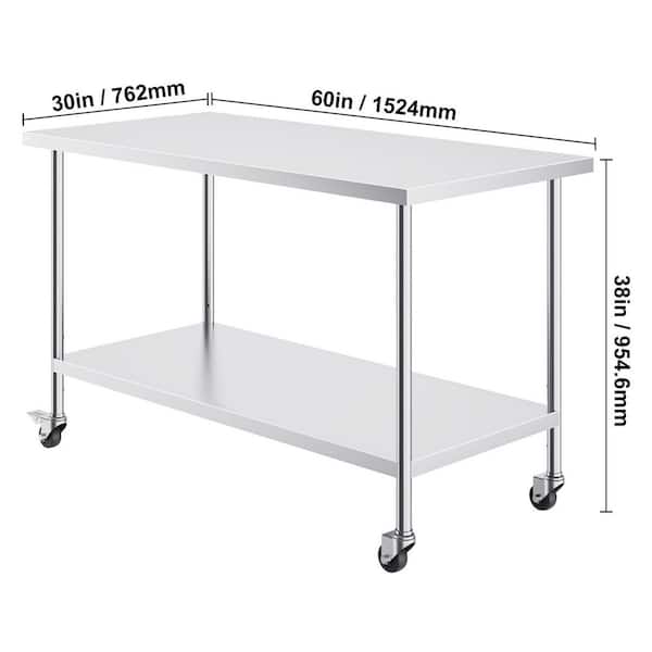 Stainless Steel Work Table Silver Kitchen Prep Table 30 x 60 x 38 In, with 4 Wheels, 3 Adjustable Height Levels