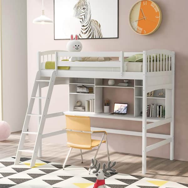Qualler Kaleam White Twin Size Loft Bed with Desk and Storage Shelves