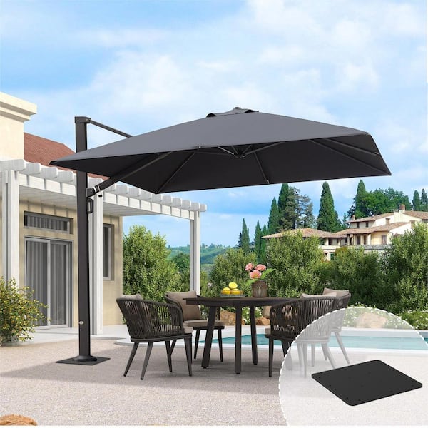 PURPLE LEAF 10 ft. Square Aluminum Large Outdoor Cantilever 360° Rotation Patio Umbrella with Base Plate, Gray