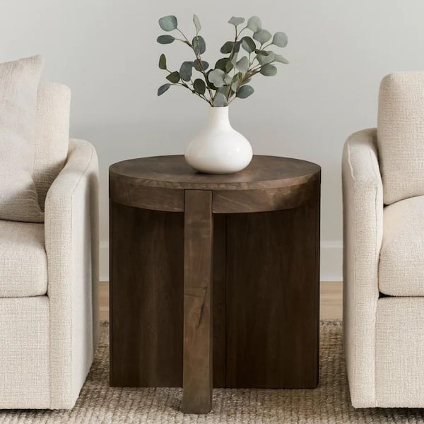 Benjara Kinaj 20 in. Dark Brown Round Solid Mango Wood Side End Table ...