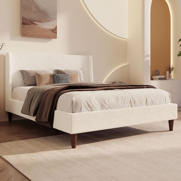 Vita White Wood Frame King Size Boucle Upholstered Platform Bed with Wingback Headboard and Walnut Wooden Legs, Ivory