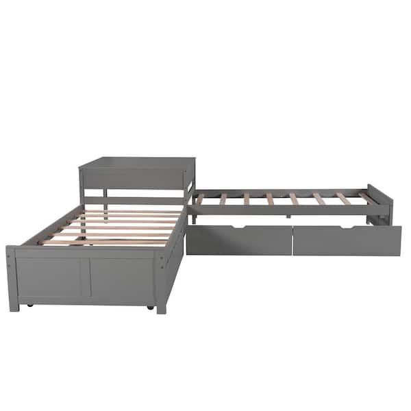 117.6 in. L x 117.6 in. W Gray Pine L-shaped Platform Bed with Trundle Drawers and Table